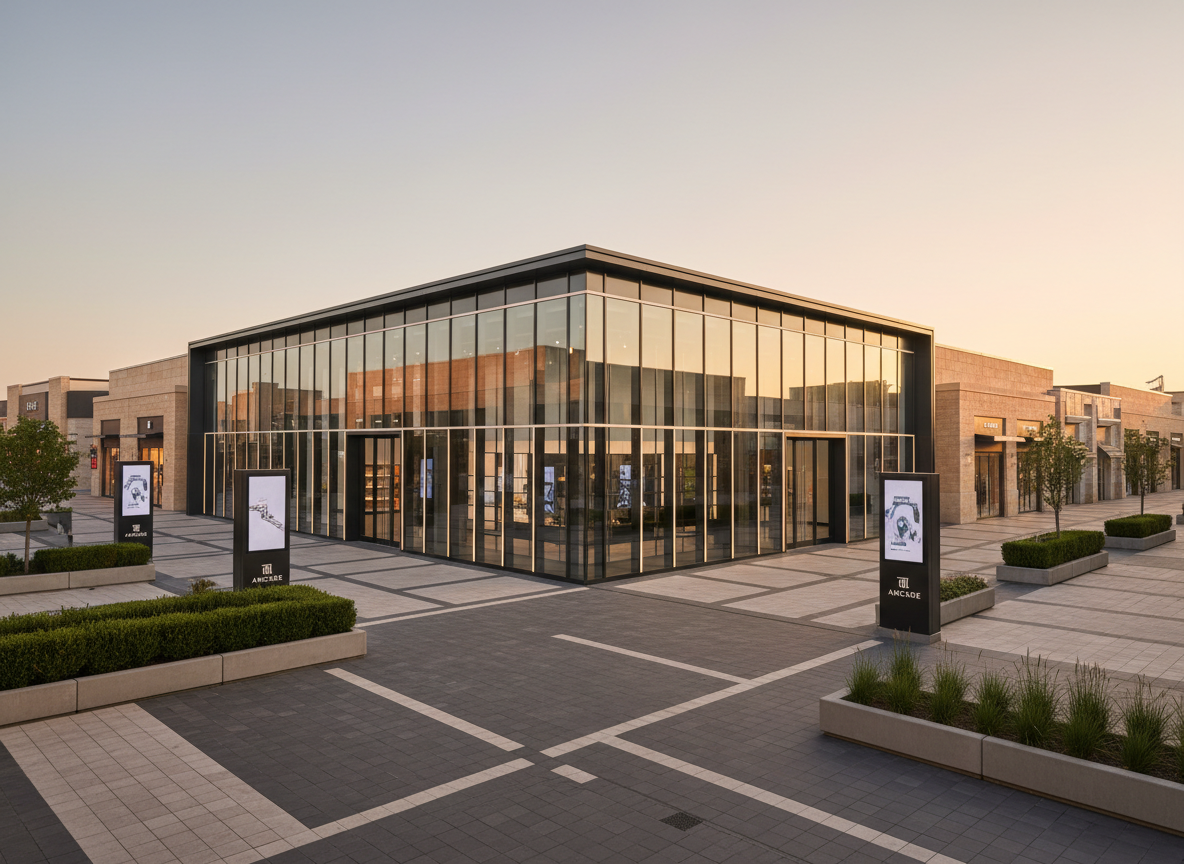 A contemporary open-air retail center anchored by a sleek, glass-fronted flagship store, its façade composed of floor-to-ceiling windows framed by charcoal metal and warm stone cladding. Wide, meticulously paved walkways with inlaid patterns lead toward the storefronts, lined with sculptural planters filled with manicured greenery. Subtle wayfinding signage and clean, unobtrusive branding are integrated into the architecture. Captured at golden hour in photographic realism, soft natural light reflects off the glass and stone, casting long, gentle shadows that emphasize depth. Shot from a slightly elevated, wide-angle perspective with sharp focus throughout, the composition highlights the center’s scale, accessibility, and high-end, professional atmosphere suitable for investment-focused retail real estate.